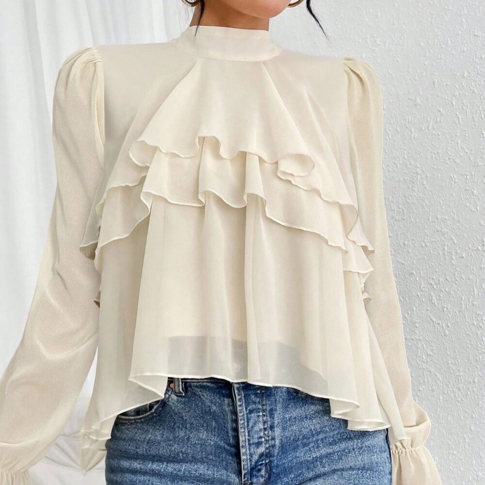 Apricot Casual Women's Loose Ruffled Chiffon Long-Sleeved Shirt Blouse - Picture 5 of 7